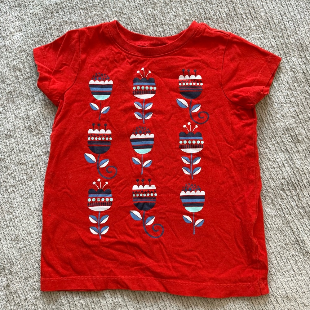 Hanna Andersson Girls Red Floral Print Tee Shirt Size 120 US 6 7